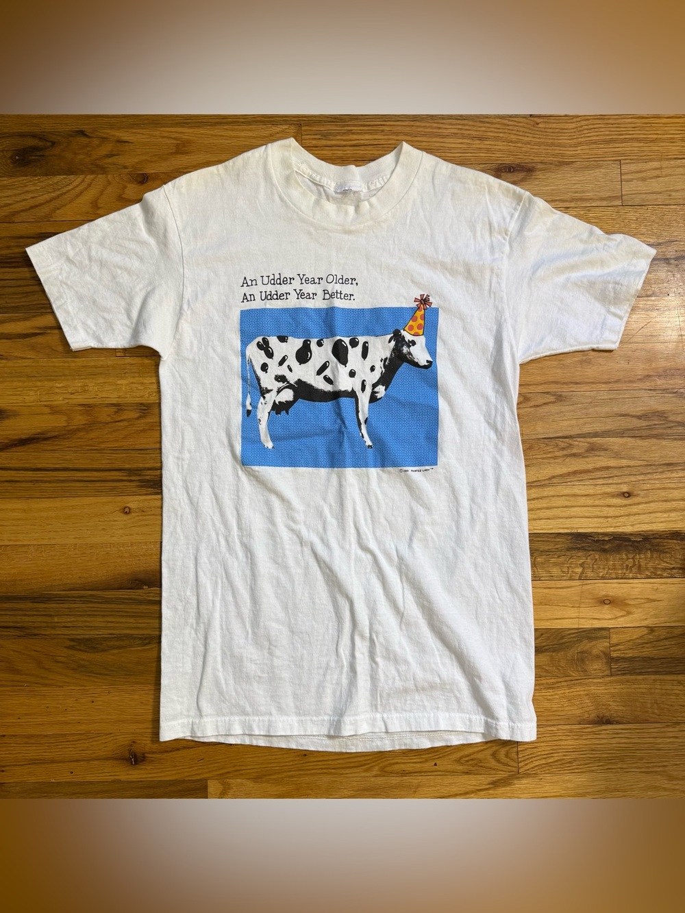 Vintage Graphic Cow Birthday Tee in White and Blue